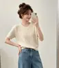 Novo estilo de verão, simples, estilo coreano, blusa de tricô com gola redonda, cor sólida, elegante, rejuvenescedora, de manga curta, versátil, feminina