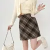 Falda de Lana Micro A-Line Talla Grande 2025 Primavera y Otoño Falda Corta Retro Falda Bodycon a Cuadros de Cintura Alta para Mujer Cuerpo en Forma de Pera