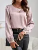 Ropa Femenina Transfronteriza Europea y Americana Satén Liso Cuello Redondo Manga Larga Estilo de Oficina Puños Elásticos Elegante Versátil Top para Mujer