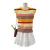 Camiseta de Punto con Rayas de Colores Dopamina y Mangas Cortas Volantes para Mujer Verano Súper Elegante Única Hermosa Tendencia Top para Mujer