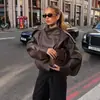 ZA AliExpress mais vendido comércio exterior transfronteiriço estilo europeu e americano elegante jaqueta de couro feminina de manga comprida com gola alta e padrão de lichia