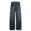 G6949 Jeans de Mezclilla Azul Oscuro de Alta Gama Unisex Estilo High Street Americano con Diseño de Bigotes, Jeans Rectos Sueltos para Hombre