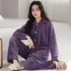 Novo Cardigã Quente com Lapela Roupa de Casa Conjunto Flanela Pelúcia Pijama Feminino Outono e Inverno Pode Ser Usado Fora