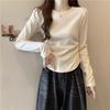 Camiseta Básica Gris Bordada de Cuello Redondo y Manga Larga Estilo Coreano para Mujer, Nuevo Estilo Primavera y Otoño 2026, Top plisado de ajuste ceñido para capas