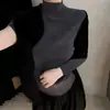 Suéter Básico de Tricô de Lã Fina com Gola Alta Meia-Boca Calibre 14, Suéter Feminino Liso Macio e Ajustado ao Corpo