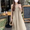 Vestido de verano para mujer, estilo coreano, de alta gama, blanco, para vacaciones, color liso, sin mangas, largo medio, cintura ajustada, vestido de vacaciones.
