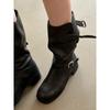 Versión de Piel de Vaca ~ Hebilla de Cinturón Piel Genuina Botas Negras para Mujer, Cuadrado de Dos Usos Punta Cuadrada Botas de Media Caña Suela Gruesa Botas de Jinete Ajustadas