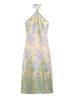 2352-25 Novo Estilo de Verão Design Francês de Cores Contrastantes Estilo Old Money Estampado Vestido Romântico e Elegante com Amarração no Pescoço