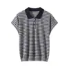 2026 Primavera/Verão Novo Tricô de Linho com Gola Polo Manga Curta Blocos de Cor Listrado Pulôver Solto Camiseta Base