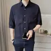 Camisa de Manga Corta para Hombre 2024 Nuevo Verano Ins Algodón y Lino Transpirable Casual Manga Tres Cuartos Corte Amplio Cuello