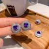 Nuevo conjunto de joyería de pendientes colgantes de anillo de lujo estilo europeo y americano vintage imitación Diamante Púrpura Cuadrado para mujer