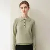 Camisa base de tricô feminina versátil simples estilo francês com gola polo, outono e inverno, 100% caxemira pura, solta e modeladora