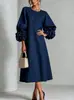 2026 Nuevo Modelo Vestido Midi para Mujer con Mangas Abullonadas y Decoración Floral, Cuello Redondo, Elegante Vestido Línea A, En Stock