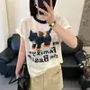 Camiseta Fina Jacquard Cartoon Juvenil de Alta Qualidade Estilo Europeu, Top de Linho de Tricô de Manga Curta Fino de Acetato de Seda Gelada Feminino de Verão