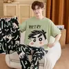 Pijama masculino estiloso e bonito de manga curta 100% algodão, conjunto fino de gola redonda, roupa de casa casual de corte solto, novo modelo de verão 2026