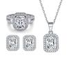 Anel de Prata 925 Tonglin com Zircônia Quadrada Diamantada, Pingente Quadrado, Brincos de Tarraxa, Conjunto de Joias de Alta Qualidade para Mulheres, Conjunto de 3 Peças