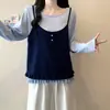 Roupas femininas plus size, projetadas para disfarçar imperfeições e criar um efeito emagrecedor. Nova coleção de outono, estilo coreano, design rejuvenescedor com acabamento ondulado, e um top de malha de manga longa que parece duas peças separadas