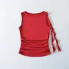1037-26 Colete Liso Plissado Sem Mangas com Fita, Estilo Verão, Versão Coreana, Corte Justo, Gola Redonda Pequena