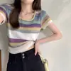 Camiseta de Mujer Verano Rayas Arcoíris Color de Contraste Cuello Cuadrado Hombro Top Corto Reductor de Edad Dopamina Puro Deseo Manga Corta Versátil