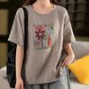 Blusas de Algodón y Lino con Estampado Retro para Mujer, Cuello Redondo Holgado, Manga Media, Camisetas Casuales y Versátiles