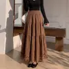 Falda calada de gamuza marrón para mujer, falda tipo paraguas de cintura alta drapeada para principios de otoño, falda de pastel extremadamente hermosa y esponjosa