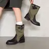 ¡Envío rápido! Botas western de color block estilo urbano para mujer, estilo nuevo, punta redonda, tacón medio grueso, patchwork de cuero, botas de mezclilla hasta la pantorrilla