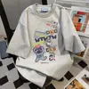 Diseño Creativo Mundo Brumoso Estilo Harajuku Gatito Rompecabezas Graffiti Verano Nuevo Camiseta de Manga Corta Top de Media Manga para Mujer