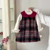 Conjunto de Vestido Chaleco Retro a Cuadros para la Nueva Hermanita de las Niñas, Otoño e Invierno Forrado de Felpa Cuello de Muñeca Elegante Vestido de Princesa para Niños Pequeños