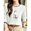 Camiseta elegante de algodão puro com design falso de duas peças e mangas compridas para mulheres, nova moda 2026, top versátil azul marinho, roupas femininas de outono