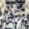 Vestido con estampado de volantes, cuello de solapa, hombros descubiertos, manga trompeta, adelgazante, temperamento, de alta gama, Fan Xiaozhong
