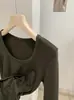 KEKEZOON Estilo Coreano de Principios de Invierno Simple Versátil Elástico Adelgazante Esponjoso Forrado Camiseta de Manga Larga con Cuello en U 9331