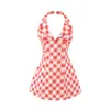 Vestido Vermelho Xadrez Estilo Férias na Praia com Gola Halter e Corte Evasê para Mulheres 2026 Primavera Novo Sexy Slim Fit Costas Abertas Curto