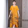 Elegante Vestido de Verano de Algodón y Lino de Longitud Media para Mujeres de Mediana Edad y Mayores, Por Encima de la Rodilla, Vestido Noble para Madres, Tallas Grandes, Vestido Adelgazante que Disimula la Figura