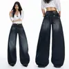 Jeans feminino de cintura alta e perna larga, foto real, novo estilo popular de outono 2026, calças bonitas, calças retas largas