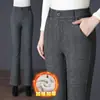 8118 Pantalones de Franela a Rayas y Cuadros Forrados de Lana Elásticos para Mujer de Mediana Edad Pantalones Elásticos de Microfibra para Mujer de Mediana Edad