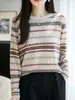 Suéter tejido Fair Isle retro de lana fina, diseño jacquard clásico, cuello redondo, ropa versátil para mujer de otoño/invierno