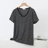 Pijama de verano modal con cuello en V a rayas y manga corta para mujer, nueva camiseta casual holgada de talla grande, top fino de alta elasticidad