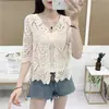 Nuevo Estilo de Verano Fresco Cárdigan Top de Encaje Hueco con Mangas Tres Cuartos, Camisa Corta de Aire Acondicionado, Camisa Exterior