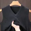Chaleco de punto para hombres de mediana edad, otoño e invierno, ajustado, grueso, suéter de jersey, sin cuello, sin mangas, a cuadros, cuello en V, venta al por mayor