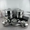 Juego de utensilios de cocina antiadherentes con fondo compuesto de acero inoxidable, que incluye sartenes, cacerolas y ollas para sopa, apto para estufas de inducción y uso general en la cocina