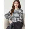 Suéter Feminino de Cashmere Solto Brilhante Gola Redonda Tricô Listrado Solto Preguiçoso Color Block Manga Longa Tricot Base