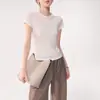 Camiseta de Verano Nuevo Estilo Cuello Redondo Manga Corta para Mujer, Estilo Básico, Transpirable Mezcla de Tencel Lino Algodón, Camiseta Versátil de Corte Ajustado para Capas