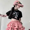 Camiseta Corta de Verano para Niñas Transfronteriza 2025 Nuevo Estilo Celebridad de Internet para Niñas Conjunto de Falda de Manga Corta para Danza Jazz