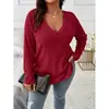[Em Estoque] Comércio Exterior Amazon Transfronteiriço Moda Feminina Tamanho Grande Novo Cor Sólida Solto Decote V Manga Longa Blusa