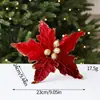 Decoración Navideña Flor de Navidad Roja con Borde Dorado y Lentejuelas Doradas Flor Artificial de Terciopelo Rama para Decoración de Árbol de Navidad