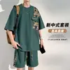 Traje casual de punto gofre estilo chino nuevo, manga corta y shorts para hombre, conjunto de verano de camiseta de manga corta y shorts para hombre