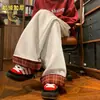 Pantalones de chándal gruesos con forro polar, costuras a cuadros estilo japonés vintage, para mujer, cálidos de invierno, holgados, de pierna ancha, rectos, casuales, largos