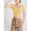 Nuevo Estilo Top Corto Cuadrado de Primavera y Otoño con Sujetador Incorporado, Corte Ajustado, Camiseta Cómoda de Manga Corta Capa Base