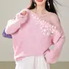 Suéter de punto con lentejuelas, patchwork de malla, hombros descubiertos para mujer, principios de otoño, corte holgado casual, hombros caídos, suéter pullover con bloques de color, transfronterizo