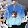 Camiseta de Verano con Degradado para Niñas, Manga Corta Infantil, Nueva Estampada Holgada Estilo Coreano Versátil Moderna para Niños Mayores